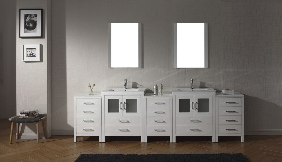 Virtu Dior 110" Double Bathroom Vanity, White, Polished Chrome Faucet, Mirrors