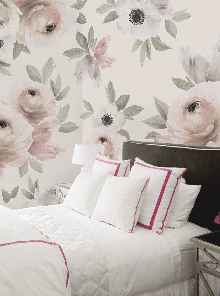 Floral Mural Wall Art Peel and Stick Vinyl Wallpaper, Spring Pink Green, 24"w X 96"h