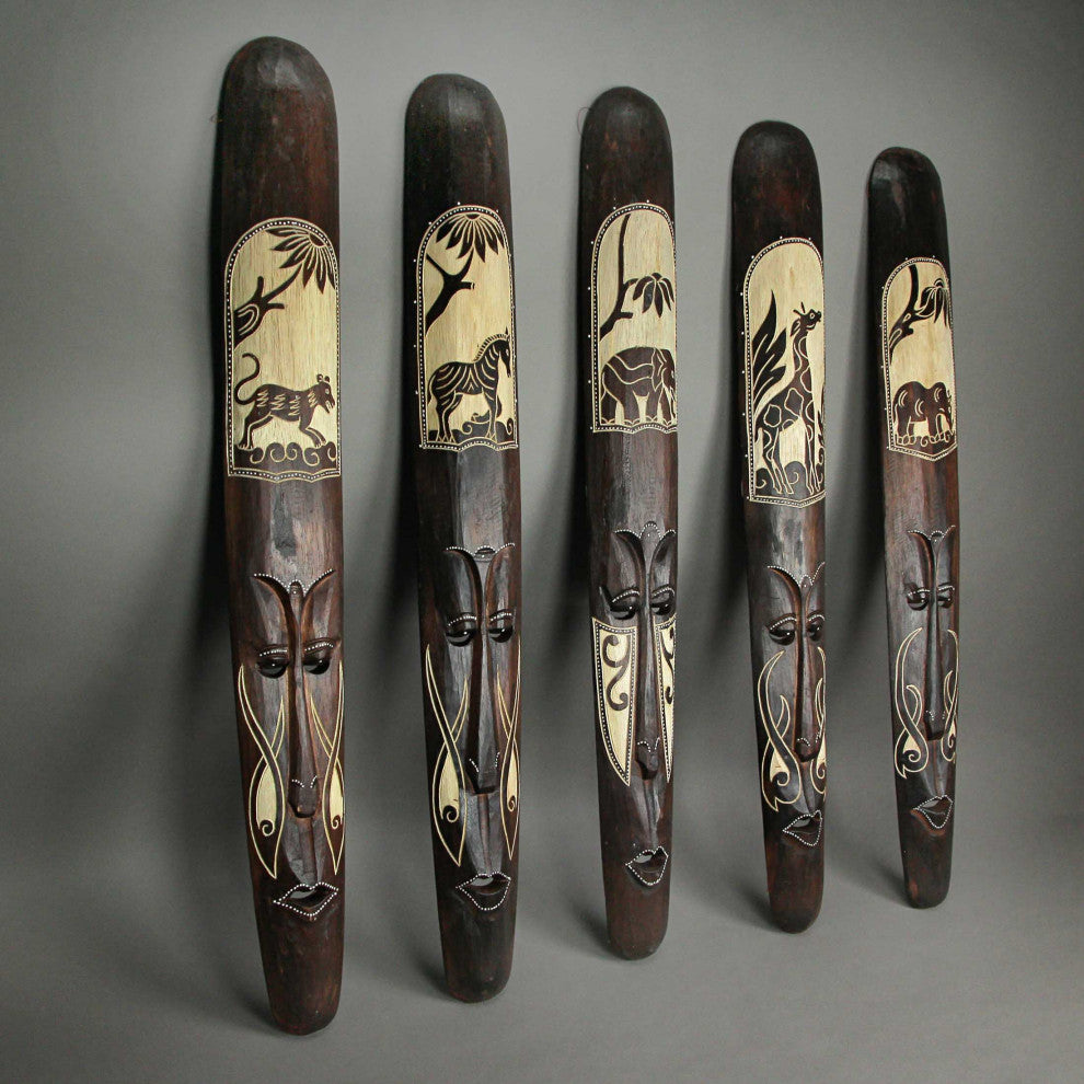 Set of Five 39 Inch Hand Carved African Style Tribal Masks Wall Bar Decor