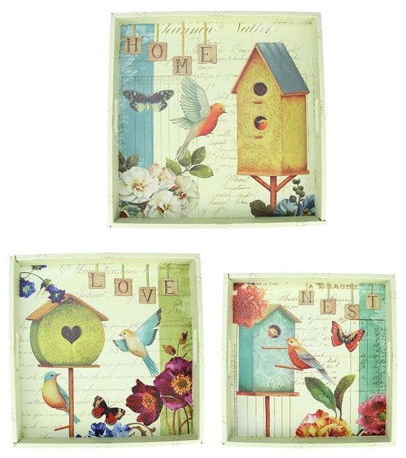 Decorative Birdhouse Garden Theme Wooden Trays, Set of 3