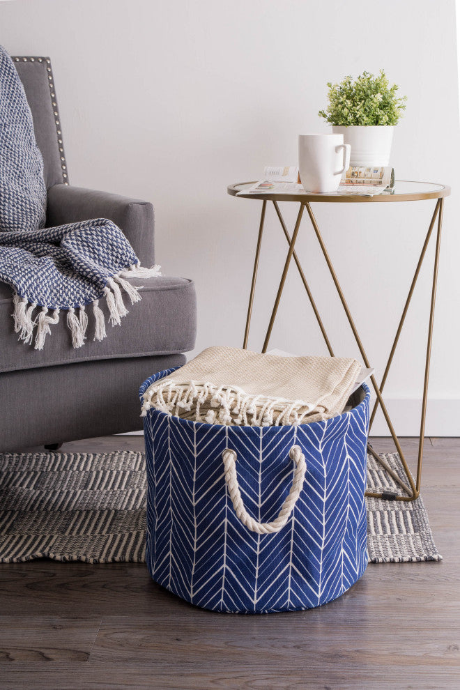 Polyester Bin Herringbone Nautical Blue Round Small 9"x12"x12"