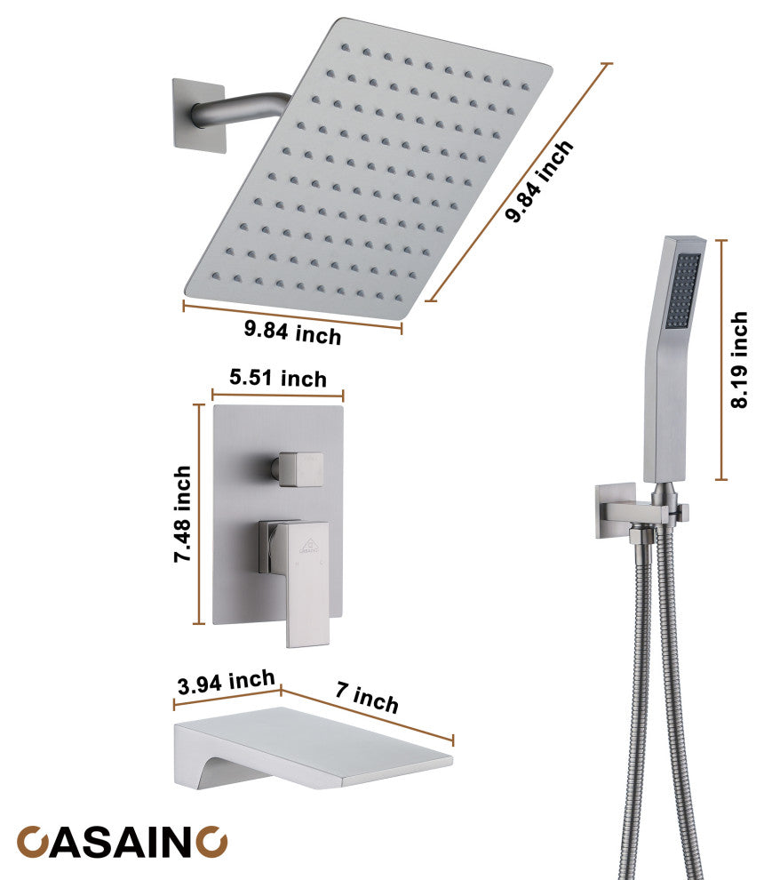 10inch Wall Mounted Shower System with Handheld Shower and Tub Spout, Brushed Nickel