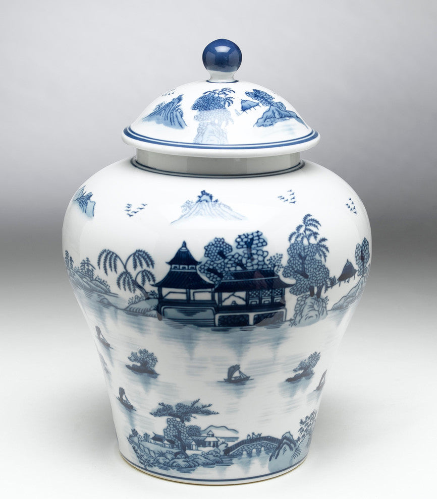 Blue and White Ginger Jar With Lid