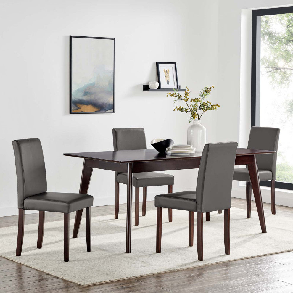 Side Dining Chair and Table Set, Faux Leather, Drak Brown Gray, Modern