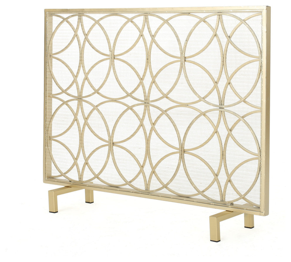 GDF Studio Veritas Single Panel Black Iron Fireplace Screen, Gold