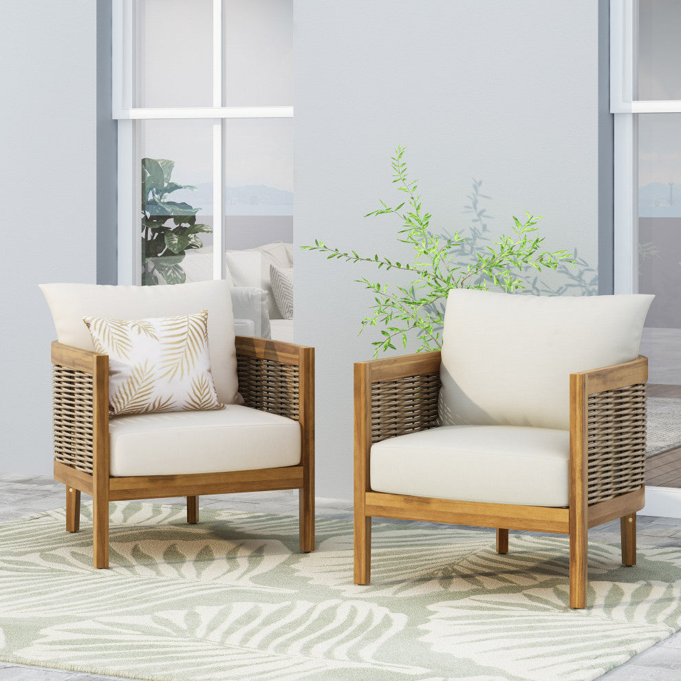 Alden Outdoor Acacia Wood Club Chairs with Cushions, Set of 2, Teak + Beige