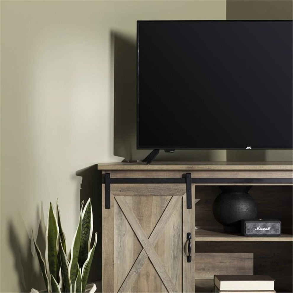 Pemberly Row Farmhouse Wood Corner TV Stand for TVs up to 52" in Gray