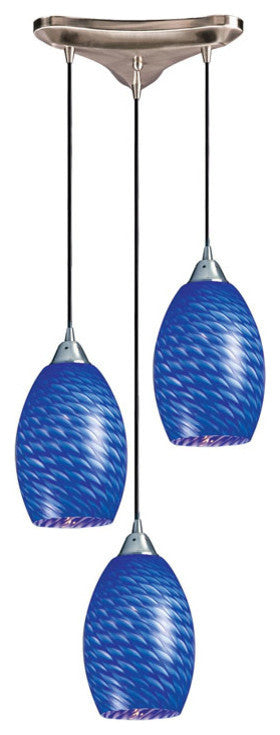 Mulinello 3-Light Satin Nickel Pendant, Sapphire Glass