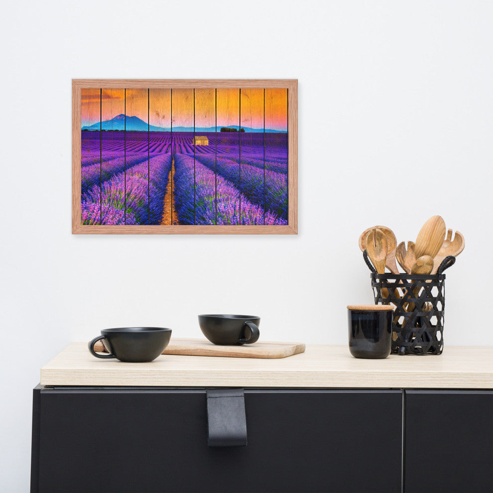 Faux Wood Lavender Fields and Sunset Landscape Framed Photo Paper Wall Art Print, Red Oak, 12" X 18"