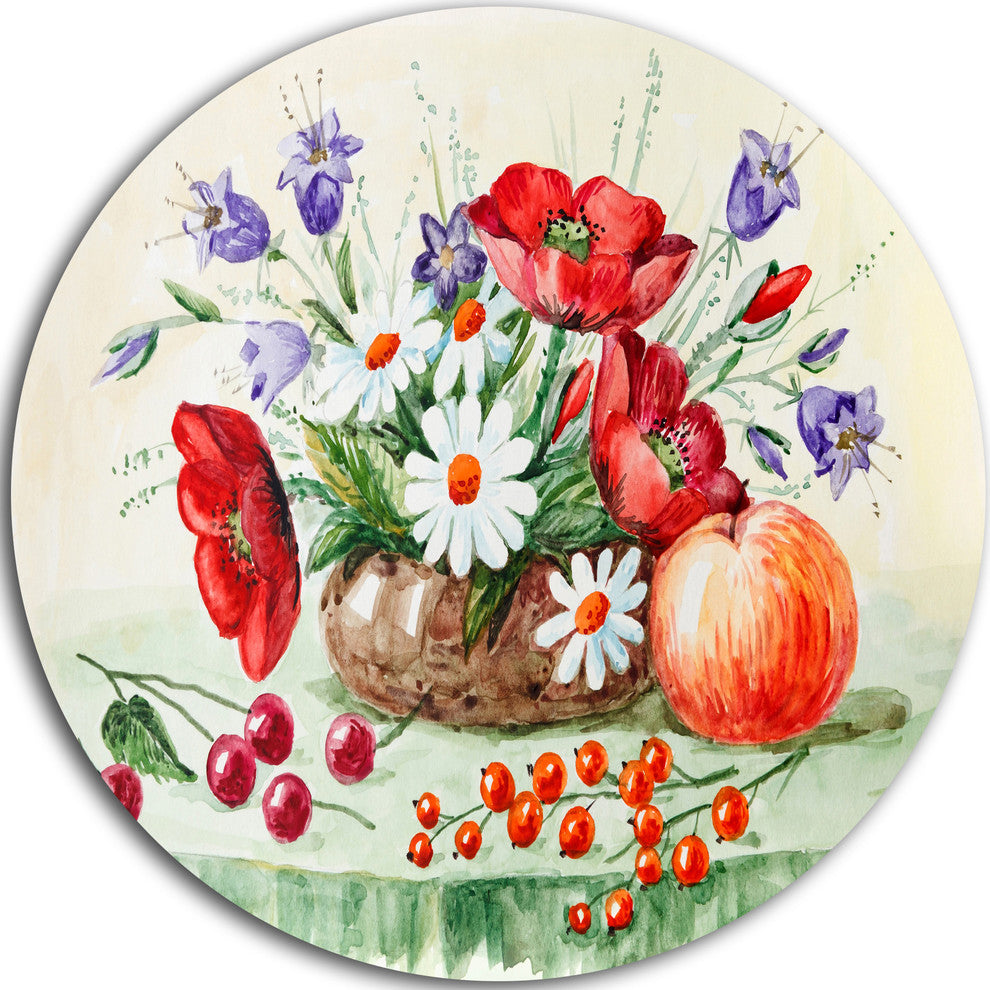Colorful Bunch Of Flowers And Fruits, Floral Disc Metal Artwork, 11"