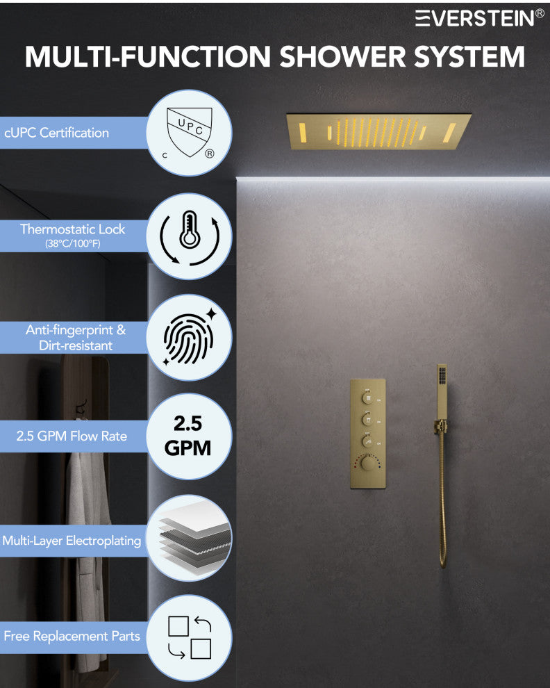 Thermostatic LED Shower System Rainfall Waterfall Shower Head w/ Hand Shower, Brushed Gold, 23 in.x 15 in.