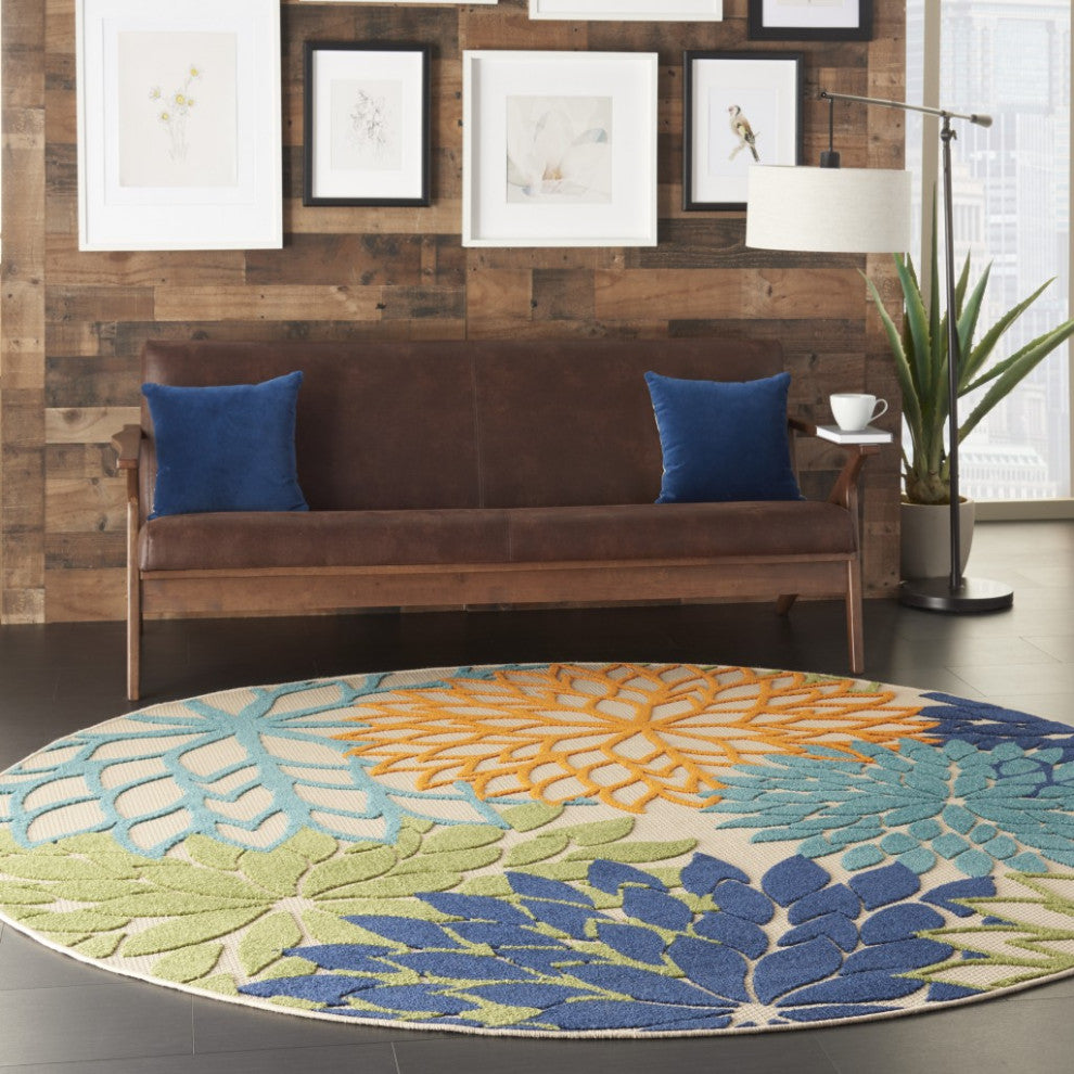 8 Round Orange Floral Outdoor Area Rug