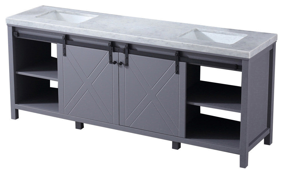 Marsyas 84" Dark Gray Double Vanity, White Marble Top, White Sinks, No Mirror