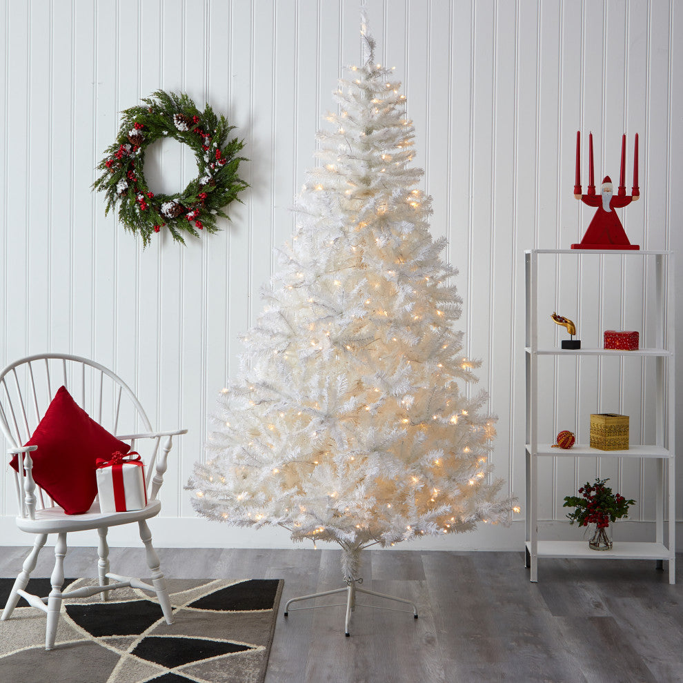 7' White Faux Xmas Tree With 1000 Bendable Branches and 350 Clear LED Lights