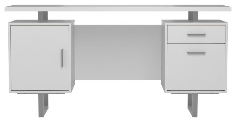 Wooden Office Desk with Floating Top and File Cabinet, White