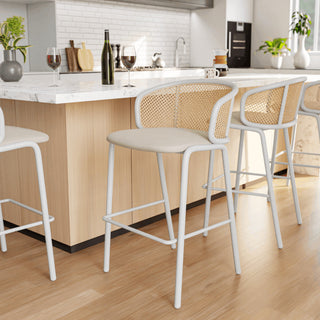 LeisureMod Ervilla Bar Stool With White Coated Steel Frame Set of 2, Beige