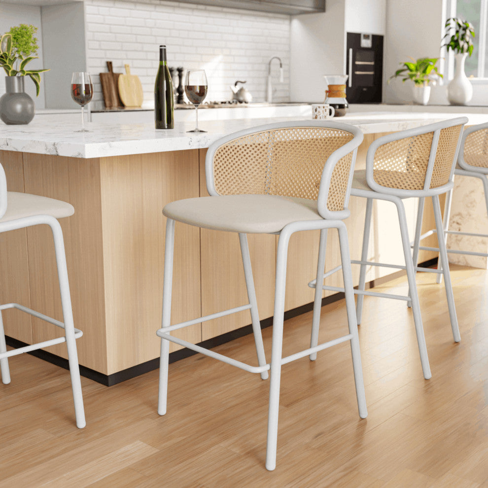 LeisureMod Ervilla Bar Stool With White Coated Steel Frame Set of 2, Beige