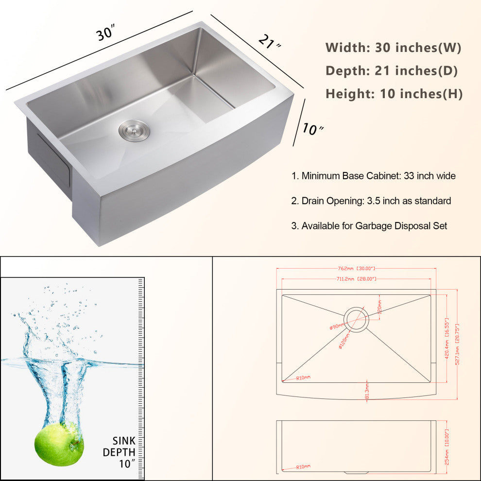 30" Stainless Steel Farmhouse Kitchen Sink 16 Gauge Single-Bowl Sink R10 Corner