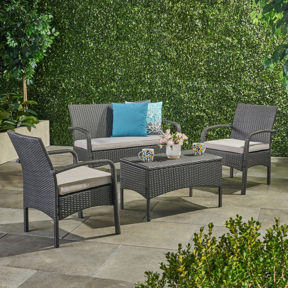 GDF Studio 4-Piece Cordyline Outdoor Wicker Chat Set With Cushions