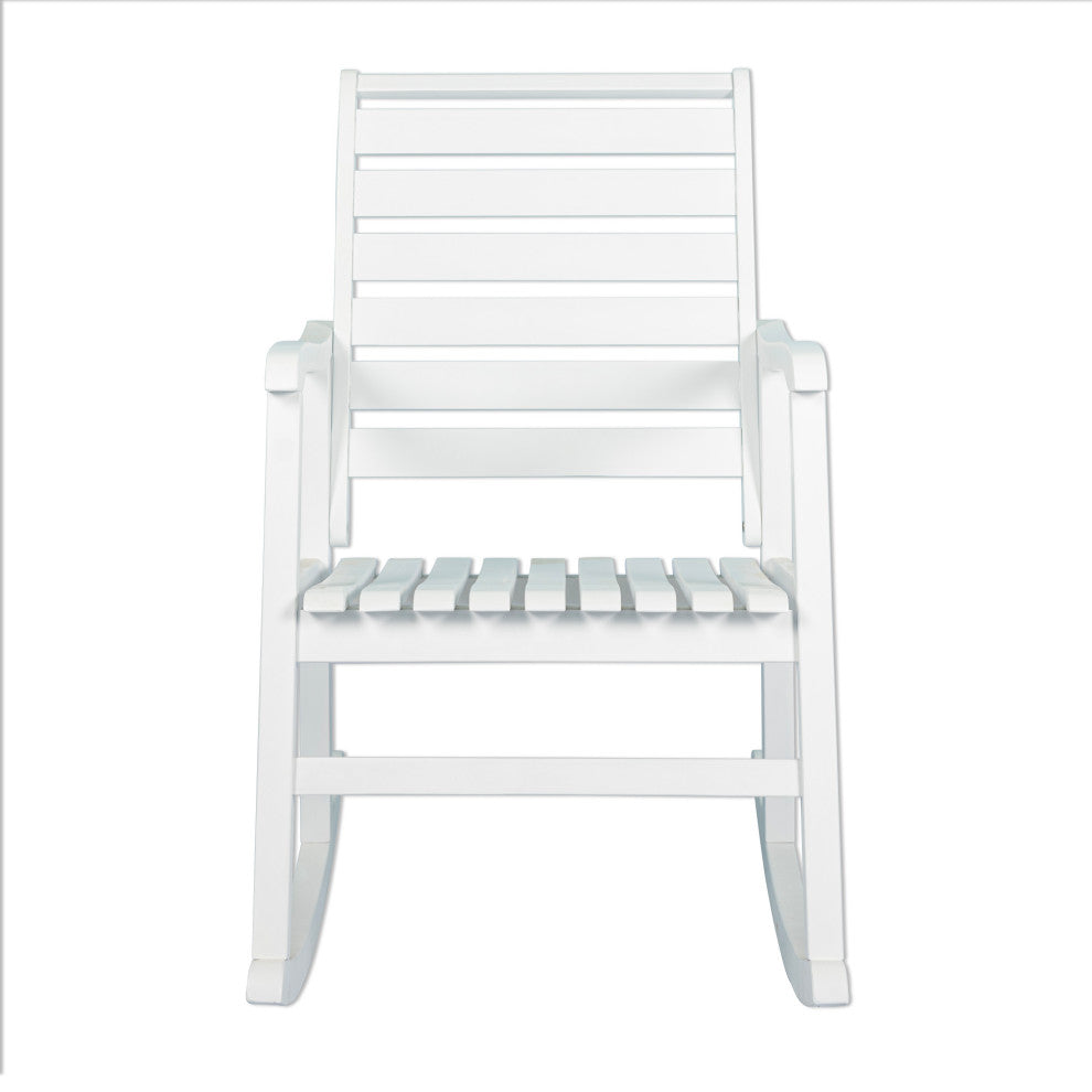 Carey Modern Slat-Back Acacia Wood Patio Outdoor Rocking Chair, White