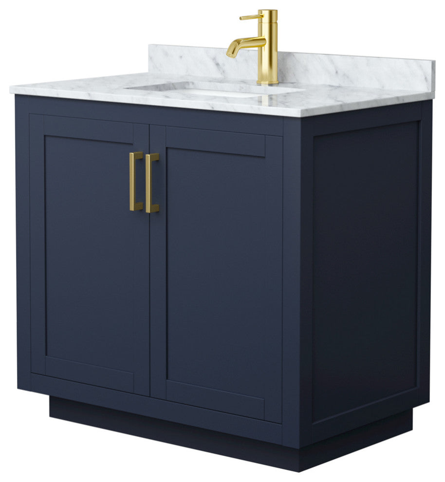 36" Single Bathroom Vanity Dark Blue, White Carrara Countertop, Sink, Gold Trim