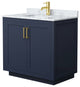 36" Single Bathroom Vanity Dark Blue, White Carrara Countertop, Sink, Gold Trim