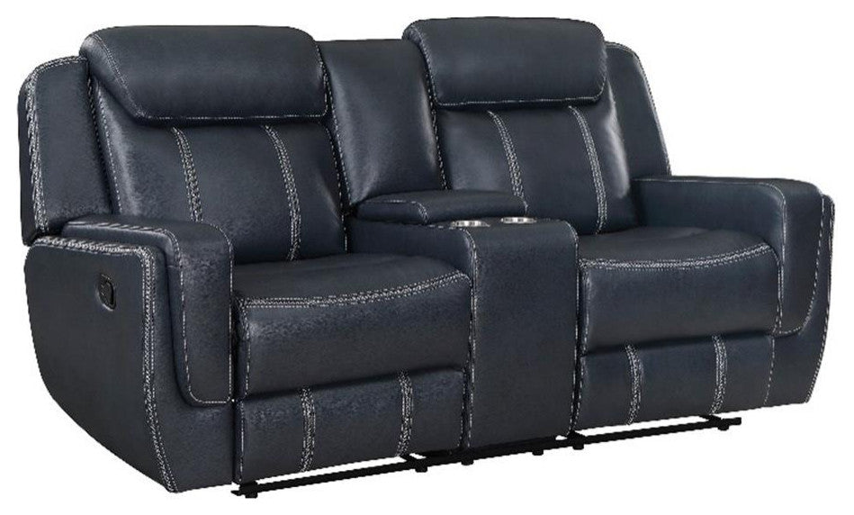 Pemberly Row Upholstered Faux Leather Double Reclining Loveseat in Blue