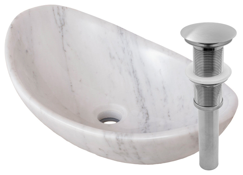 Carrara White Marble Slipper Vessel Sink and Drain, Brushed Nickel