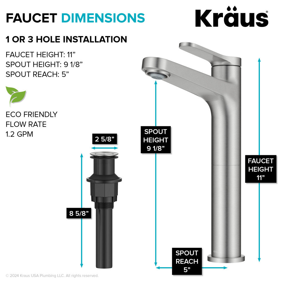 KRAUS Indy Single Handle Vessel Bathroom Faucet Spot Free BN, Pop Up Drain