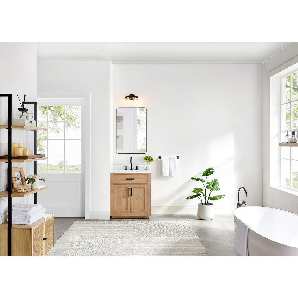 Gavino Vanity With Grain White Composite Stone Top, Light Brown/Matte Black, 30", With Mirror