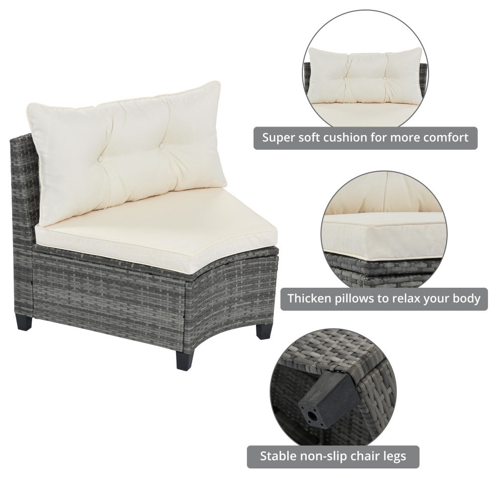 8 Pieces Outdoor Wicker Curved Patio Sectional with Coffee Table and Cushions, Beige
