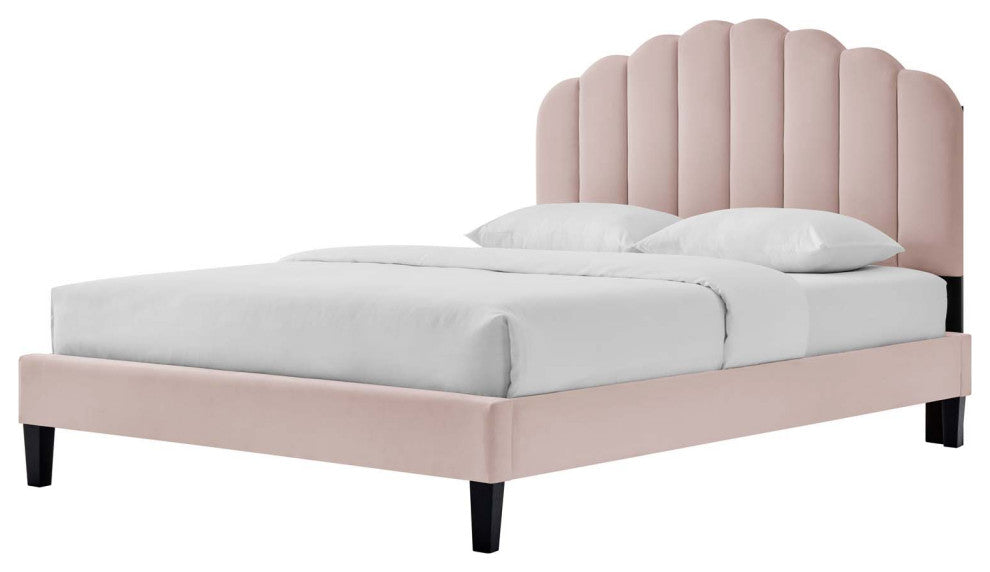 Platform Bed Frame, Queen Size, Pink, Velvet, Modern, Bedroom Guest Suite
