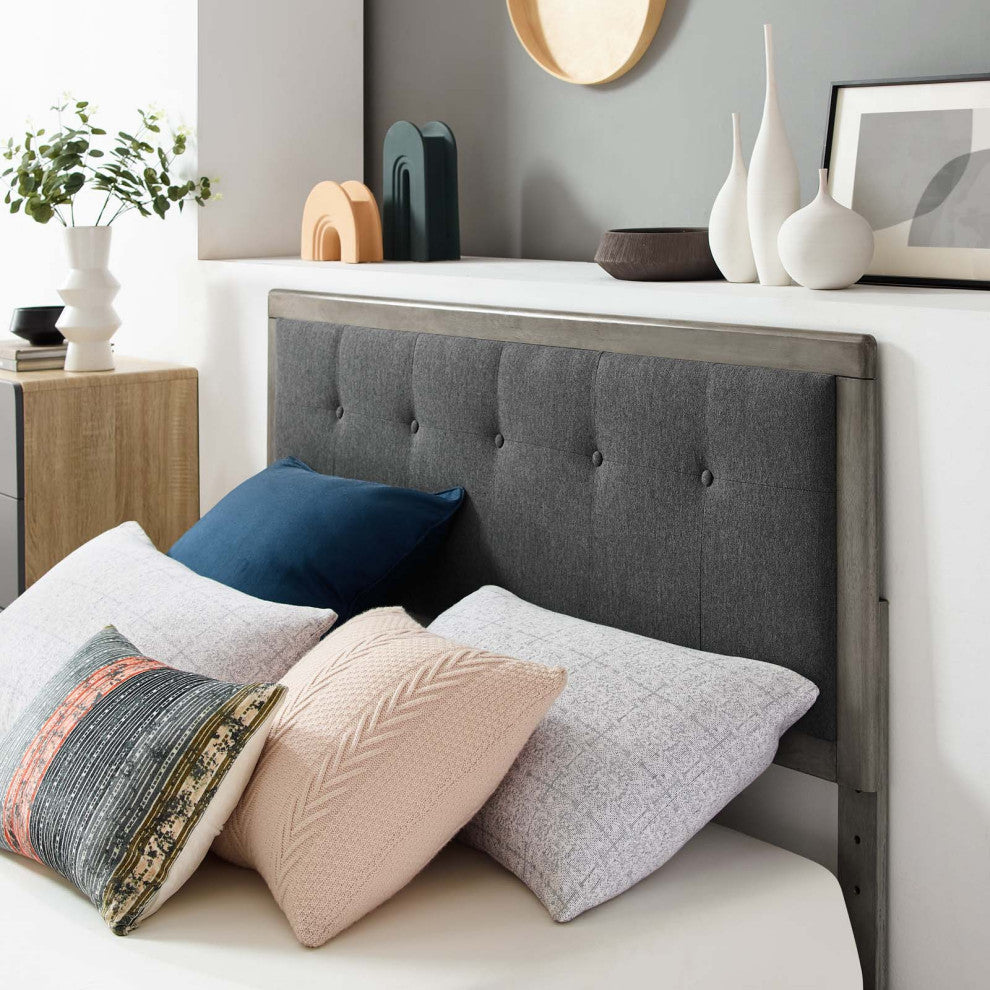 Platform Bed Frame, Queen Size, Fabric, Wood, Gray, Modern Mid-Century