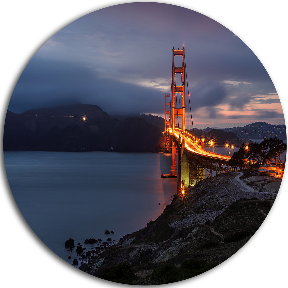 Golden Gate With Night Illumination, Sea Bridge Disc Metal Artwork, 11"