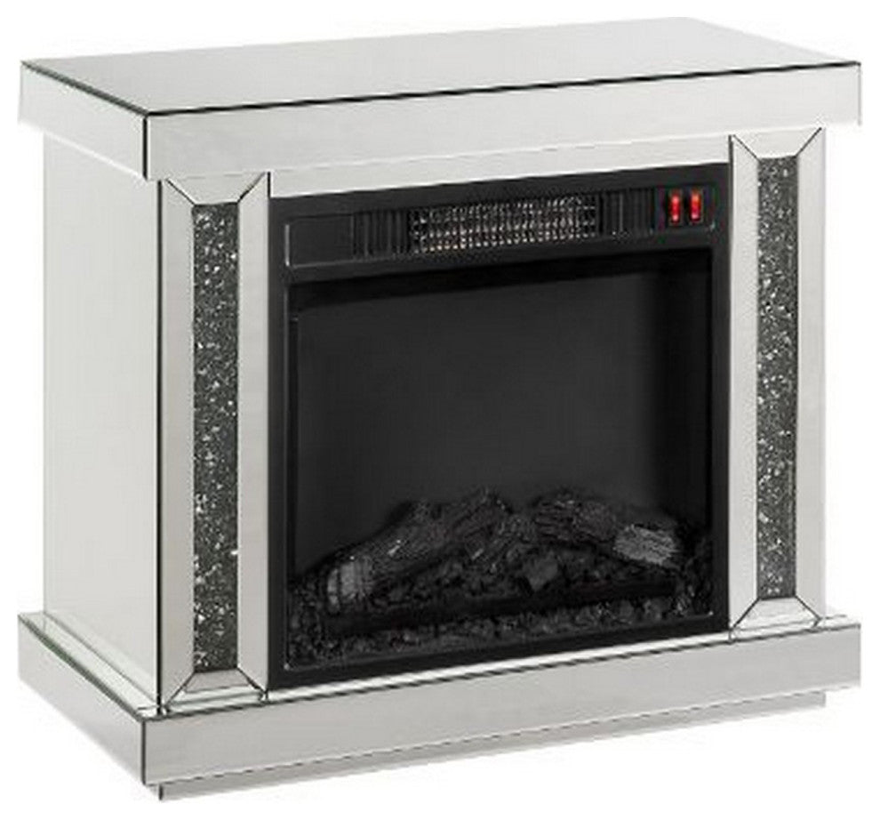 Benzara BM251370 Electric Fireplace With Mirror Panel & Faux Diamonds, Silver