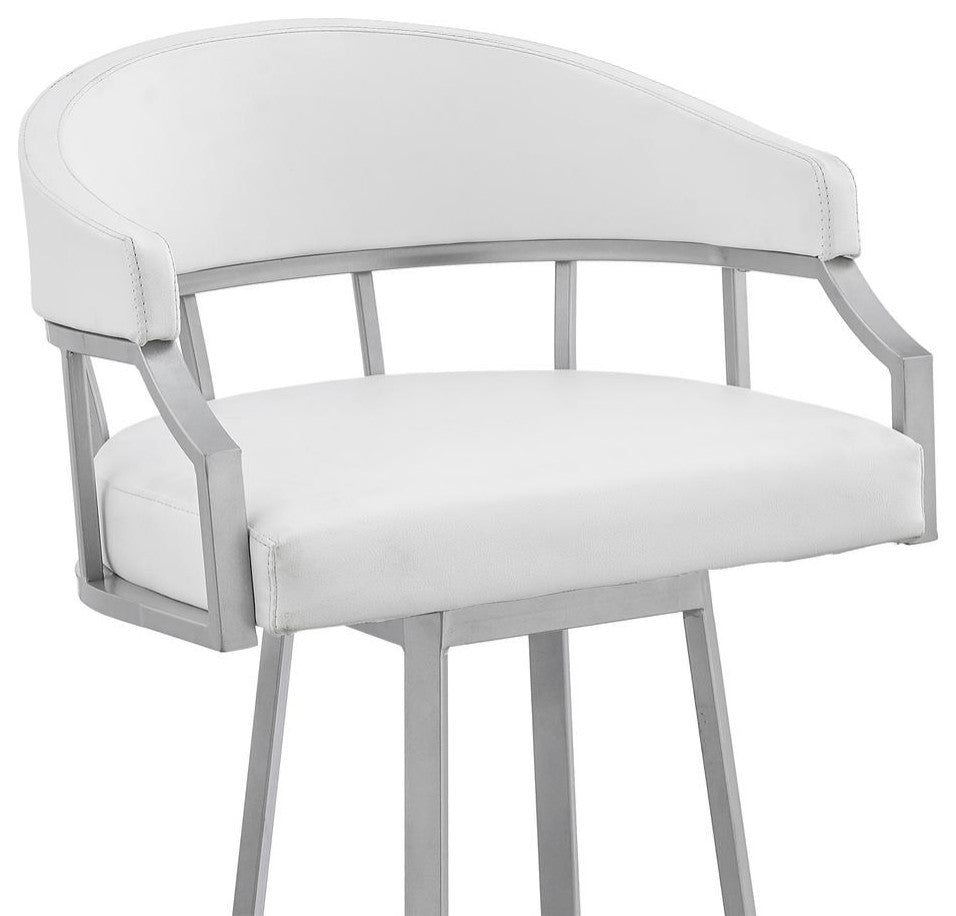 Swivel White Faux Leather and Silver Metal Bar Stool