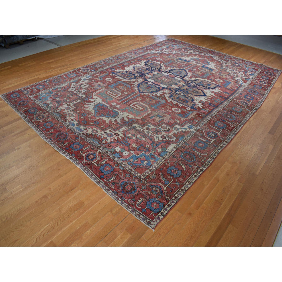Blush Red Antique Persian Serapi Heriz Hand Knotted Pure Wool Rug, 12'3"x18'6"