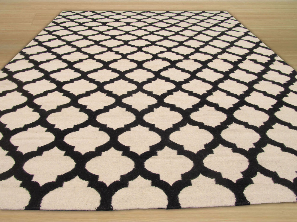 Handmade Wool Black Transitional Trellis Reversible Rug, 8'x10'