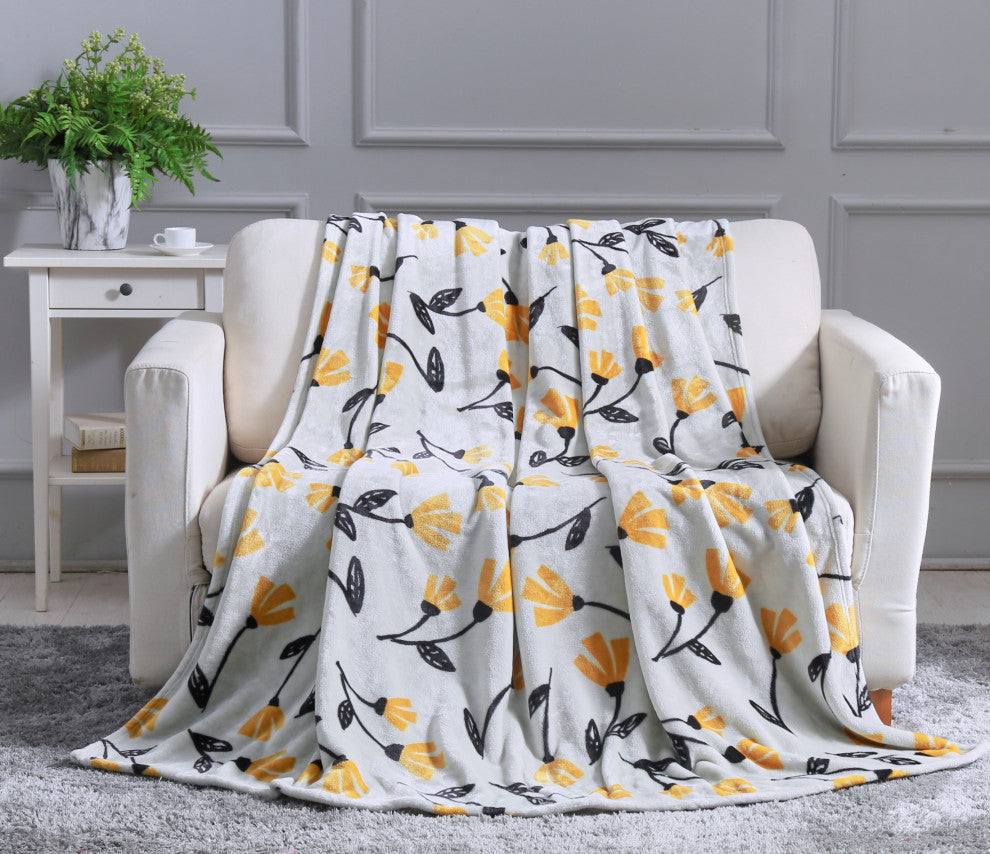 Fresh Sunshine Yellow Fleur Floral Soft Plush Fleece Throw Blanket, 63"x90"