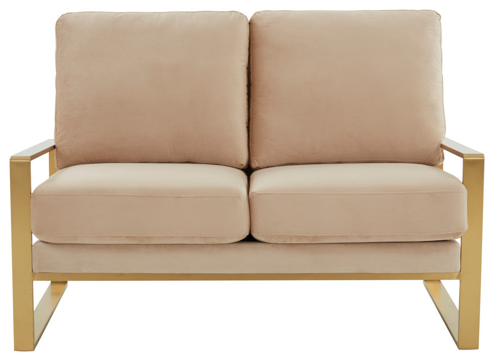 LeisureMod Jefferson Modern Design Velvet Loveseat With Gold Frame, Beige