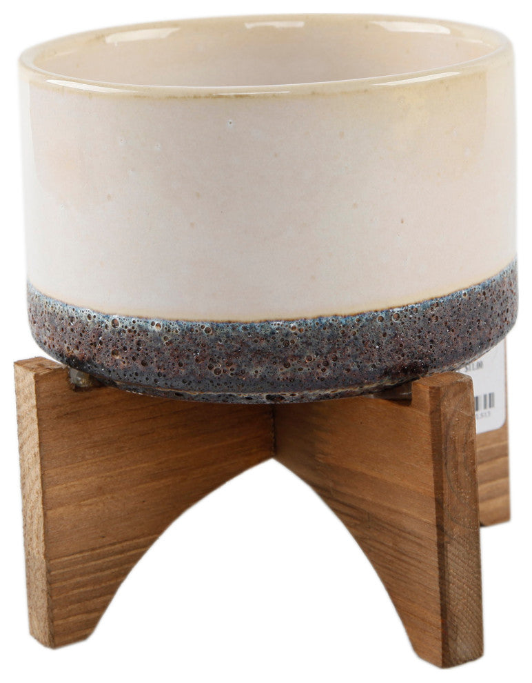 5.1" Opening Lava Ceramic On Wood Stand, Grey