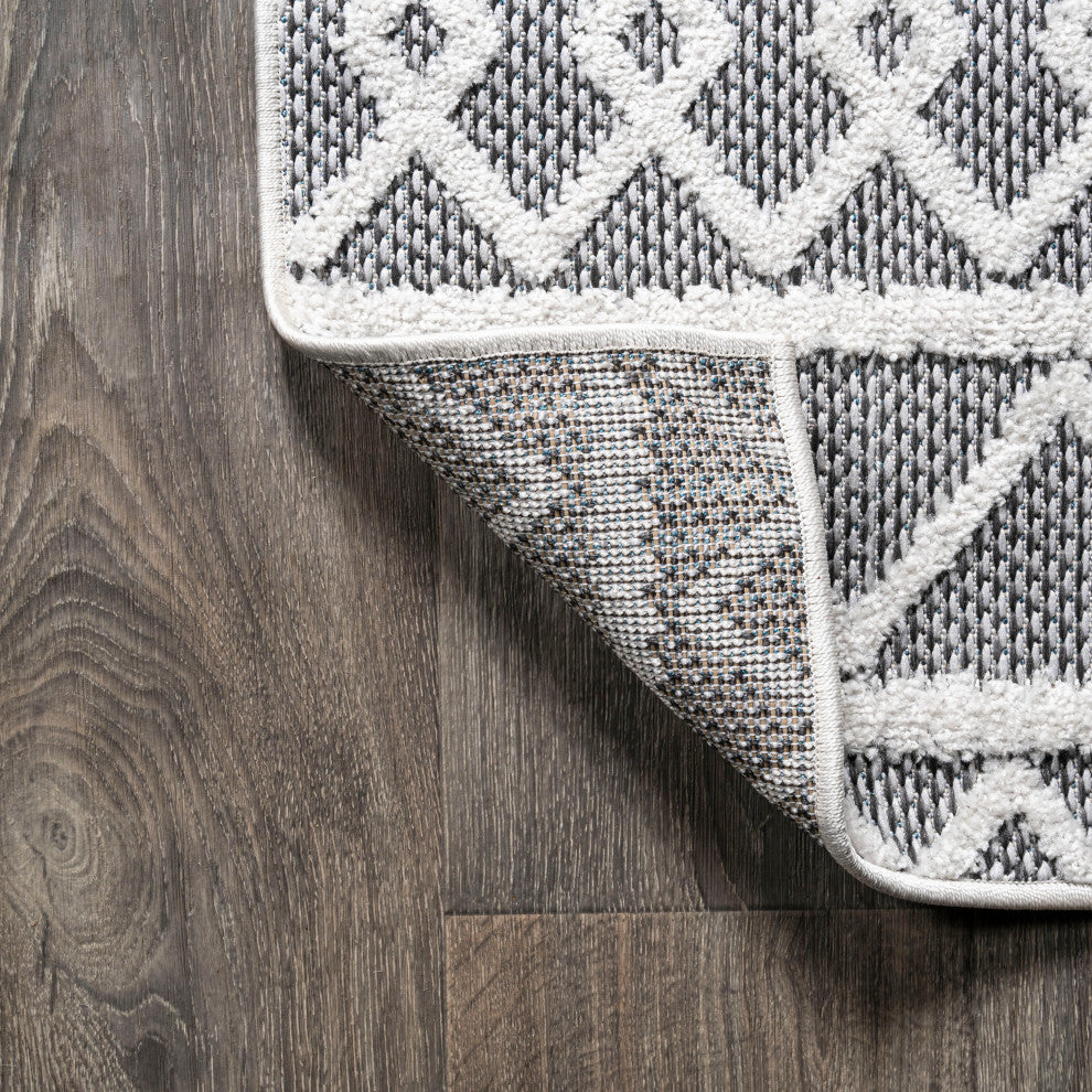 Aylan High-Low Pile Trellis Indoor/Outdoor Black/Ivory 2 ft. x 10 ft. Runner Rug