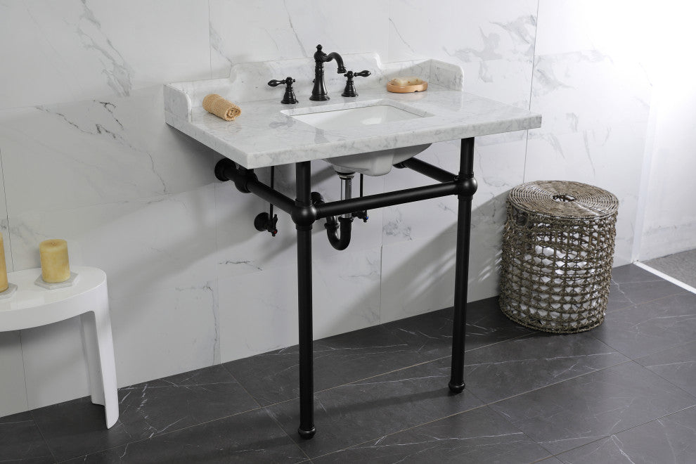 Kingston Brass LMS36MBSQ0 36" Carrara Marble Console Sink, Legs