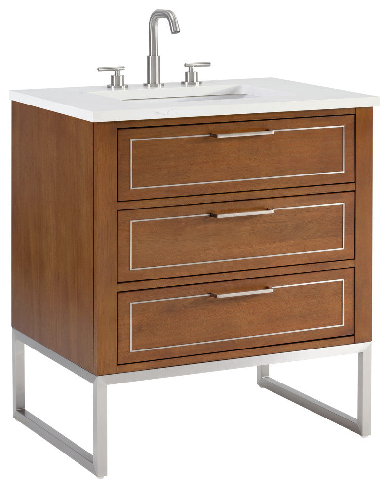 Markham Bathroom Vanity, Walnut/Brushed Nickel, 30", Calacatta Quartz Top