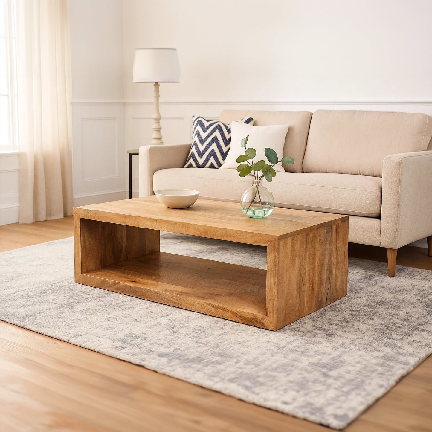 Keli 58" Mango Wood Coffee Table Open Cube 1 Shelf Natural Brown