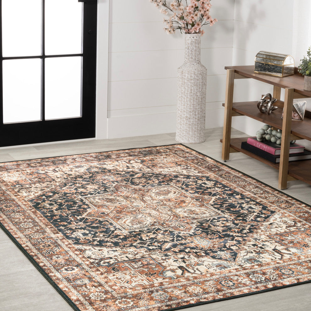 Chapell Chenille Mid-Century Medallion Washable Rug, Black/Terra, 5 X 8