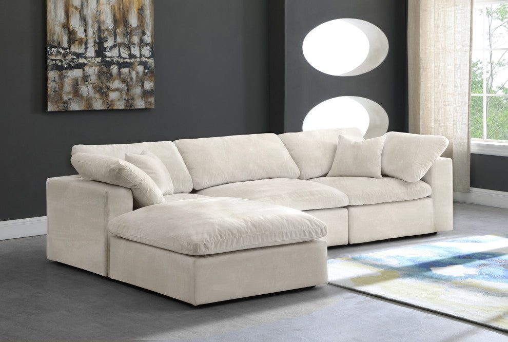Cozy Velvet Upholstered Comfort L-Shaped Modular Sectional, Cream, 4-Piece: 1 Armless Chair, 2 Corner Chair, 1 Ottoman