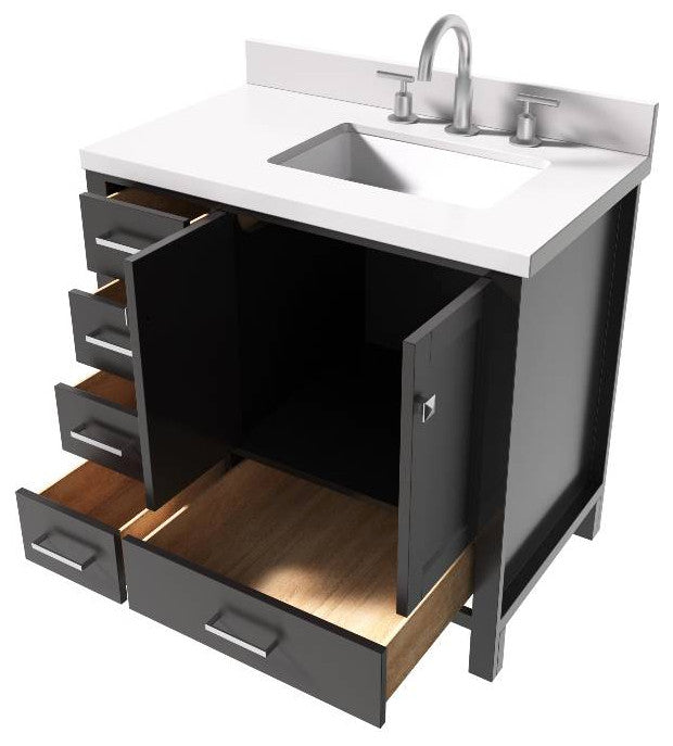 Cambridge Espresso 37" Right Offset Rectangle Sink Vanity With Quartz Countertop