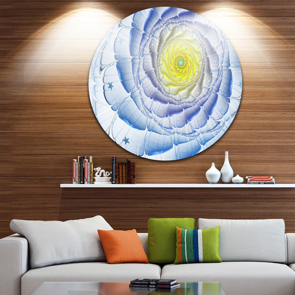 Fractal Flower Blue Yellow Digital Art, Flower Disc Metal Artwork, 36"