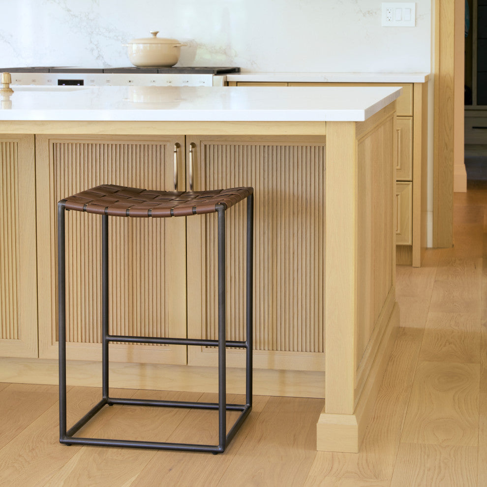 Clarissa Dark Brown Woven Leather Seat with Black Iron Frame Counter Stool